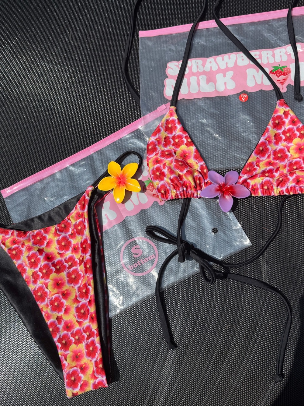 Strawberry Milk Mob Black Bikini with Pink and Yellow Floral Print - Picture 6 of 14
